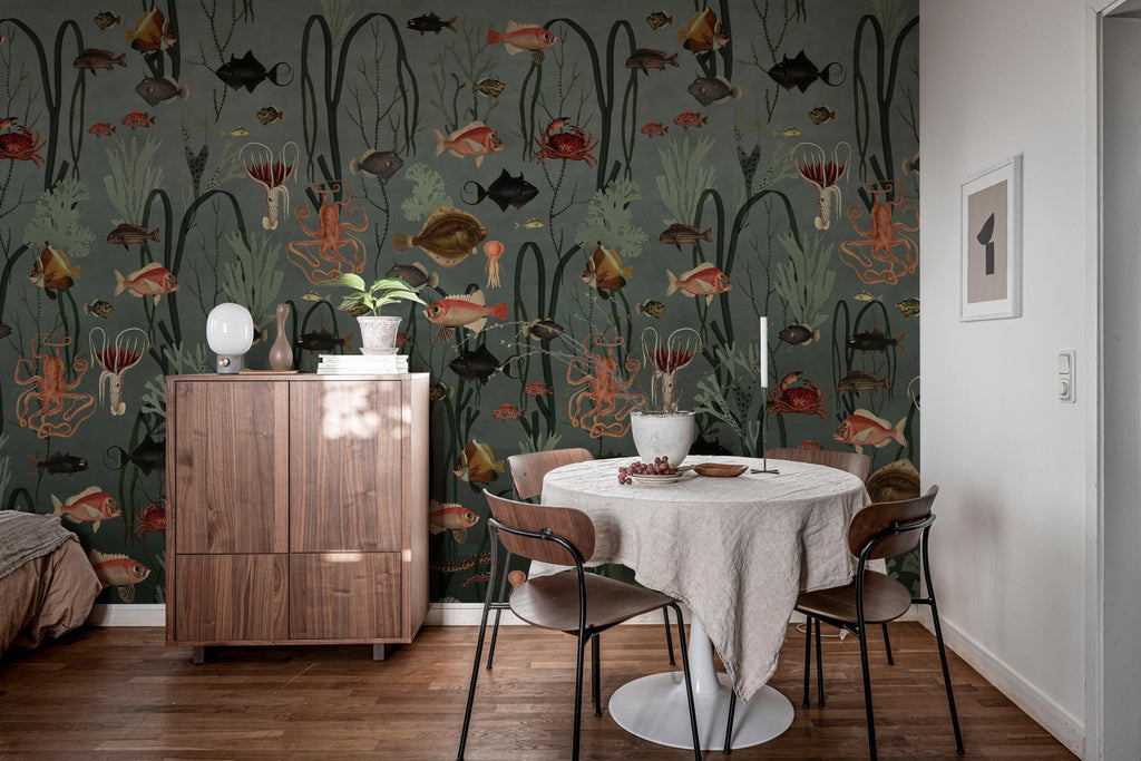Aquatic Life wall mural by Rebel Walls in Green – Oxygen, styled room