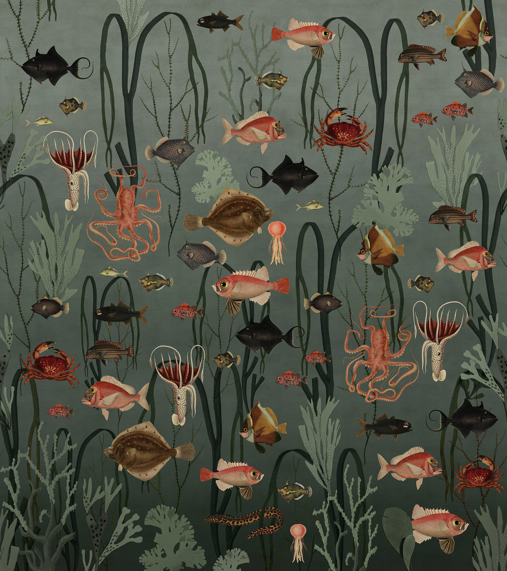 Aquatic Life wall mural by Rebel Walls in Green – Oxygen, flat swatch