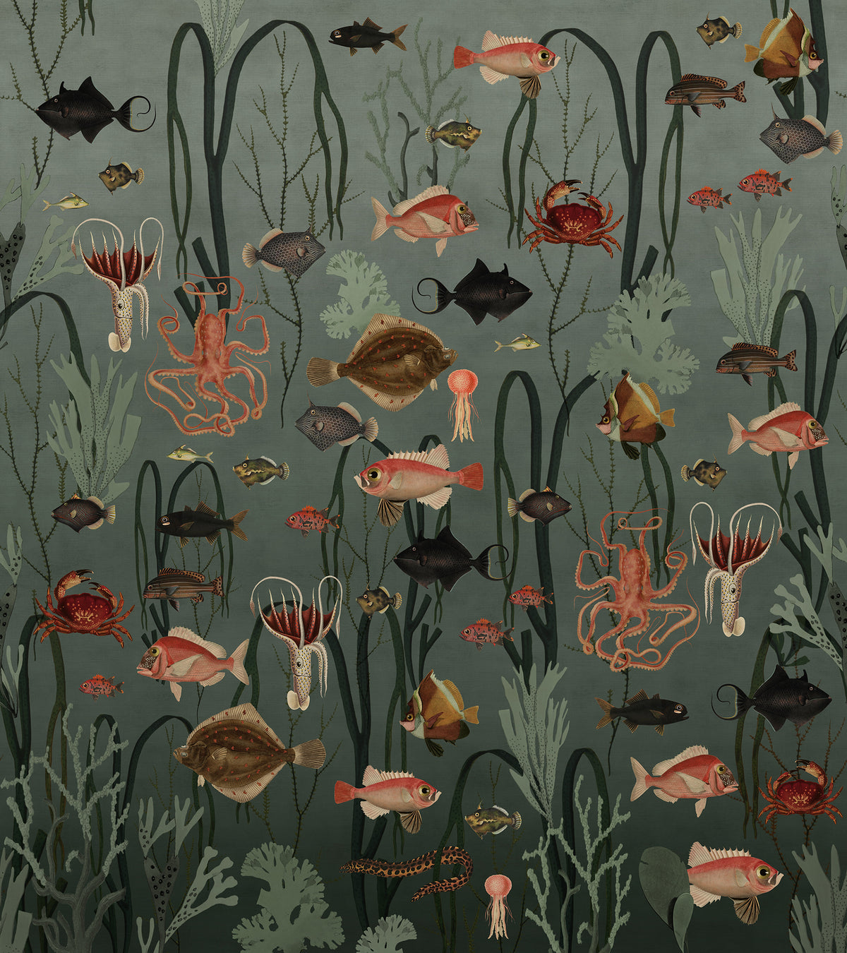 Aquatic Life wall mural by Rebel Walls in Green – Oxygen, flat swatch
