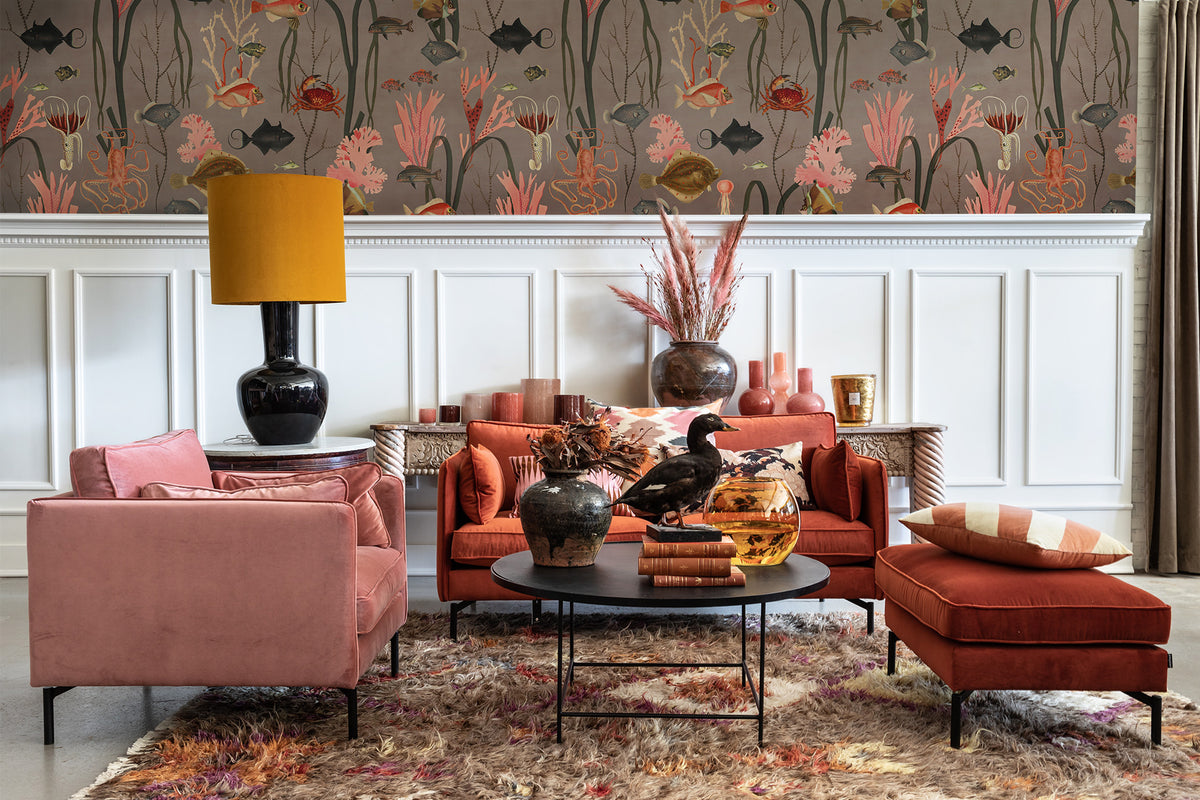 Aquatic Life wall mural by Rebel Walls in Brown – Coral, styled room