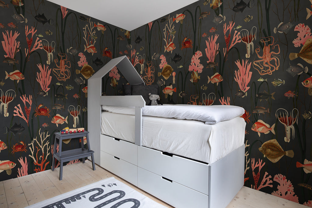 Aquatic Life wall mural by Rebel Walls in Black – Shadows, styled room