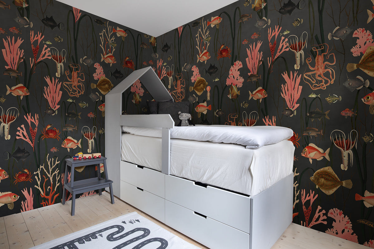 Aquatic Life wall mural by Rebel Walls in Black – Shadows, styled room