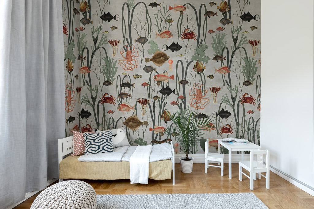 Aquatic Life wall mural by Rebel Walls in Grey, styled room
