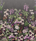 Alice's Garden Mural by Rebel Walls, flat swatch of purple orchids and wildflowers on a charcoal ground