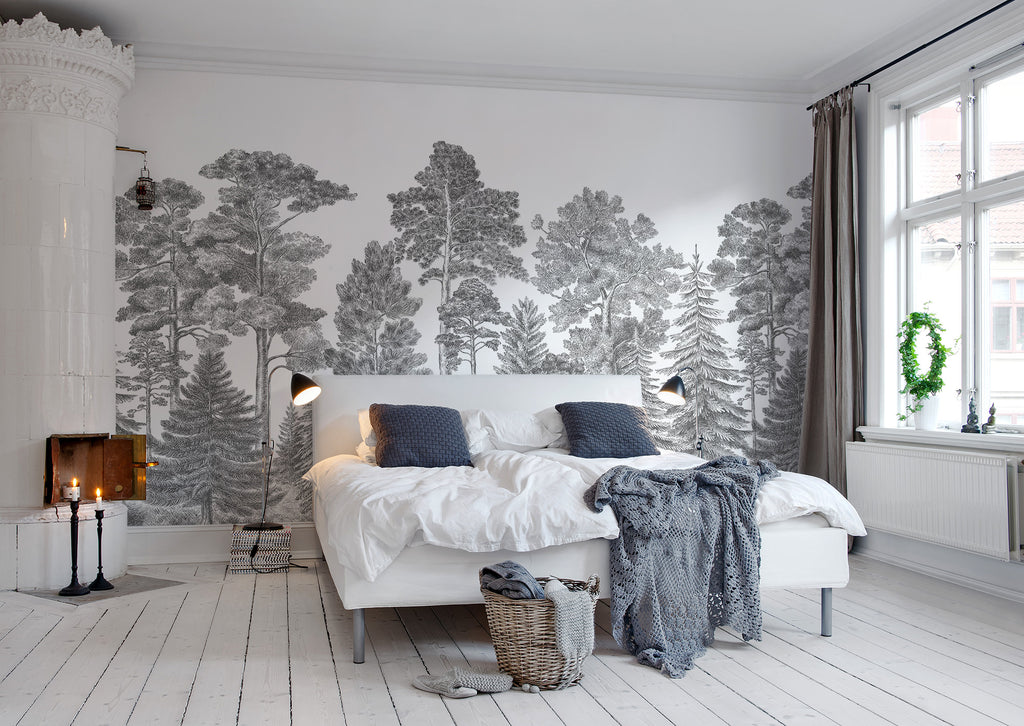 Scandinavian Bellewood wall mural by Rebel Walls in Grey, styled room