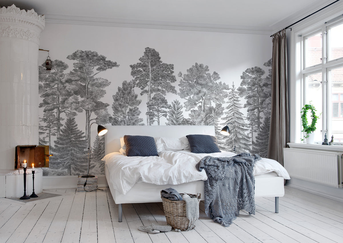 Scandinavian Bellewood wall mural by Rebel Walls in Grey, styled room