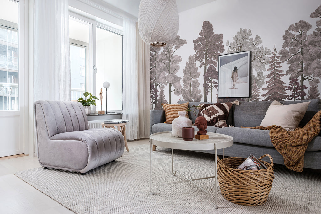 Scandinavian Bellewood wall mural by Rebel Walls in Pink, styled room