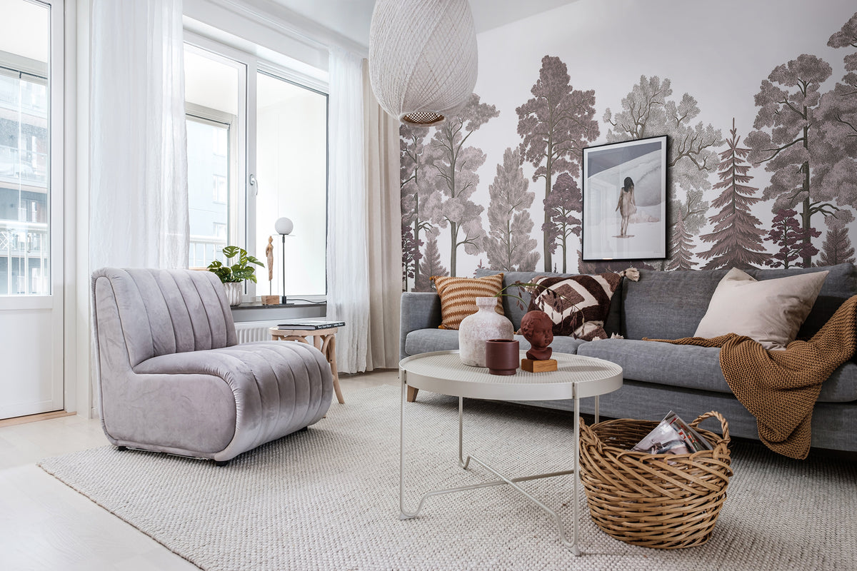 Scandinavian Bellewood wall mural by Rebel Walls in Pink – Dawn, styled room