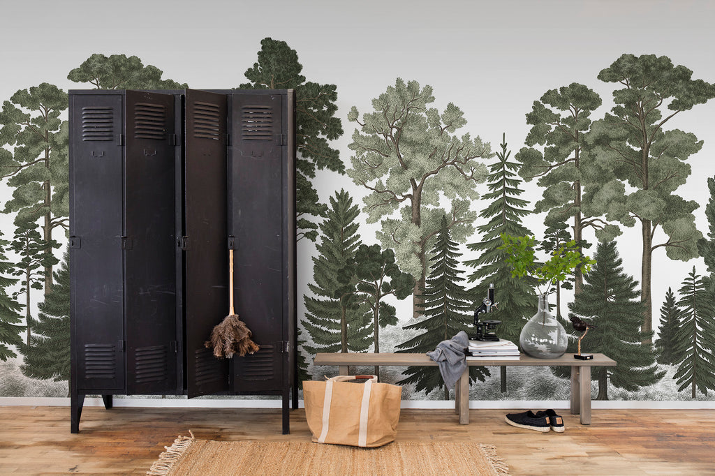 Scandinavian Bellewood wall mural by Rebel Walls in Green, styled room