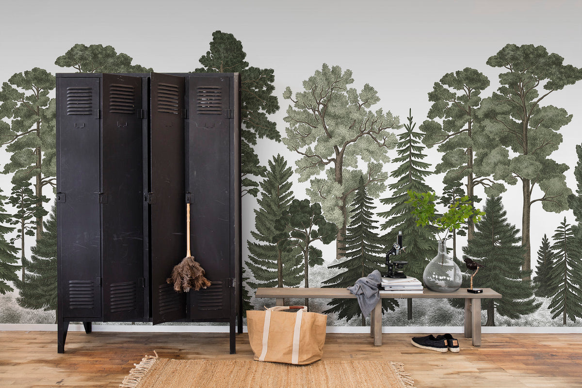 Scandinavian Bellewood wall mural by Rebel Walls in Green, styled room