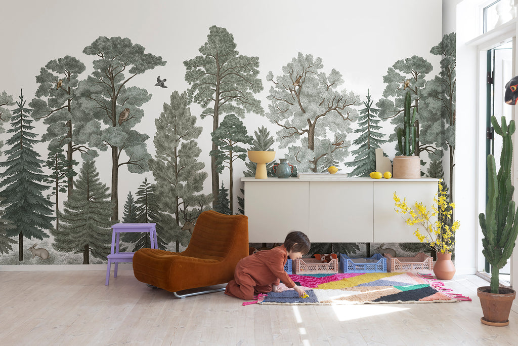 Scandinavian Bellewood wall mural by Rebel Walls in Green – Moss Green, styled room
