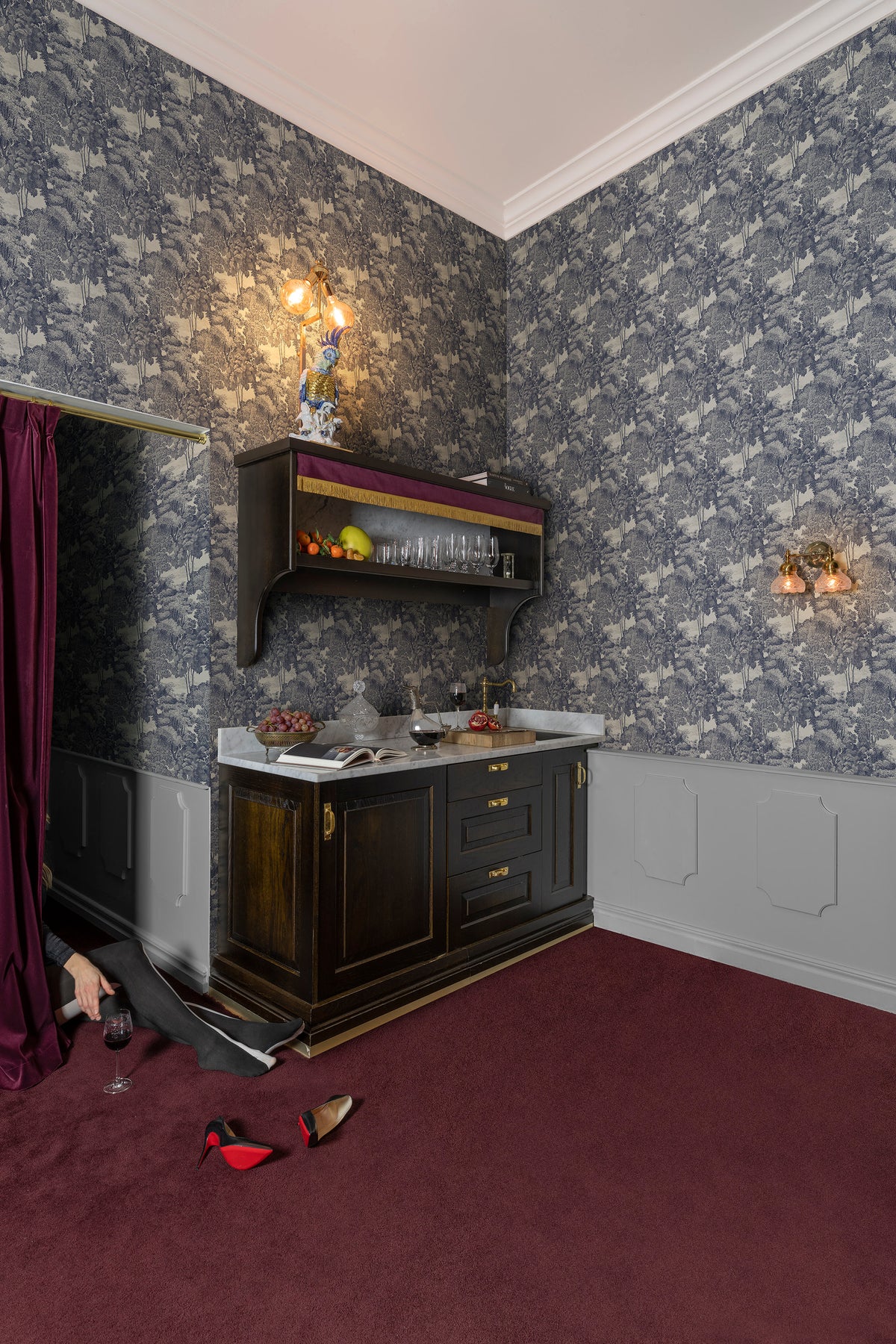 Saint Sebastian wallpaper by Rebel Walls in Blue – Slate, styled room