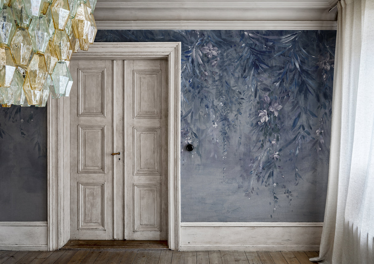 Honolulu wall mural by Rebel Walls in Grey – Cloud, styled room