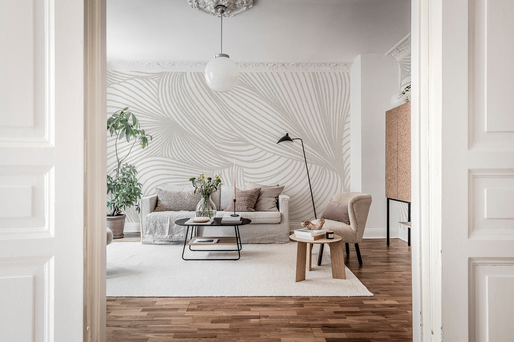 Opulence Lines wall mural by Rebel Walls in Cream, styled room