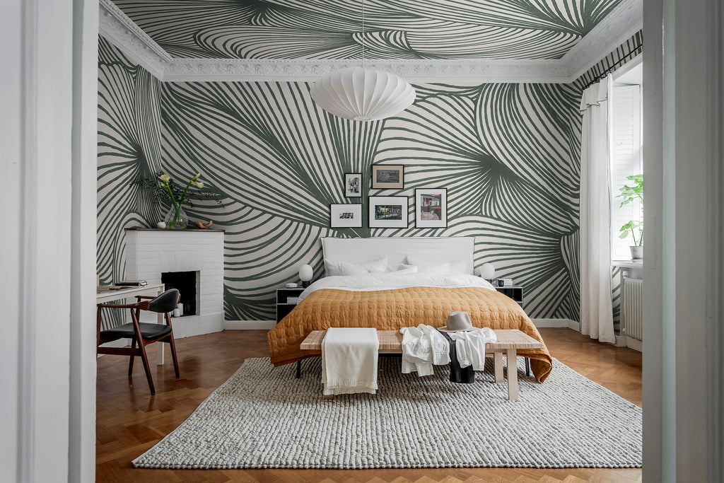 Opulence Lines wall mural by Rebel Walls in Green, styled room