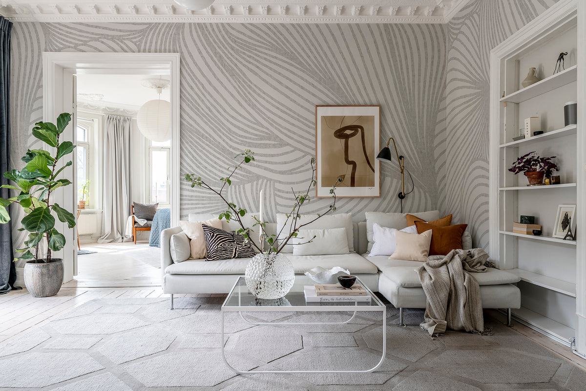 Opulence Lines wall mural by Rebel Walls in Light Grey, styled room