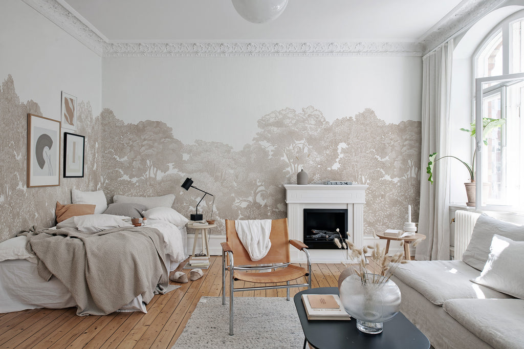 Bellewood wall mural by Rebel Walls in Beige – Sand, styled room