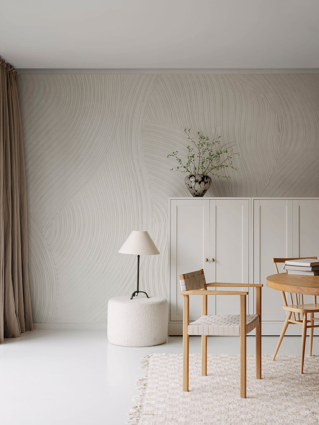 Clay Flow wall mural by Rebel Walls in Cream, styled room