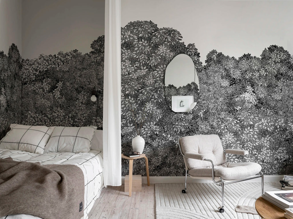 Belle Buisson - Black wall mural by Rebel Walls, styled room