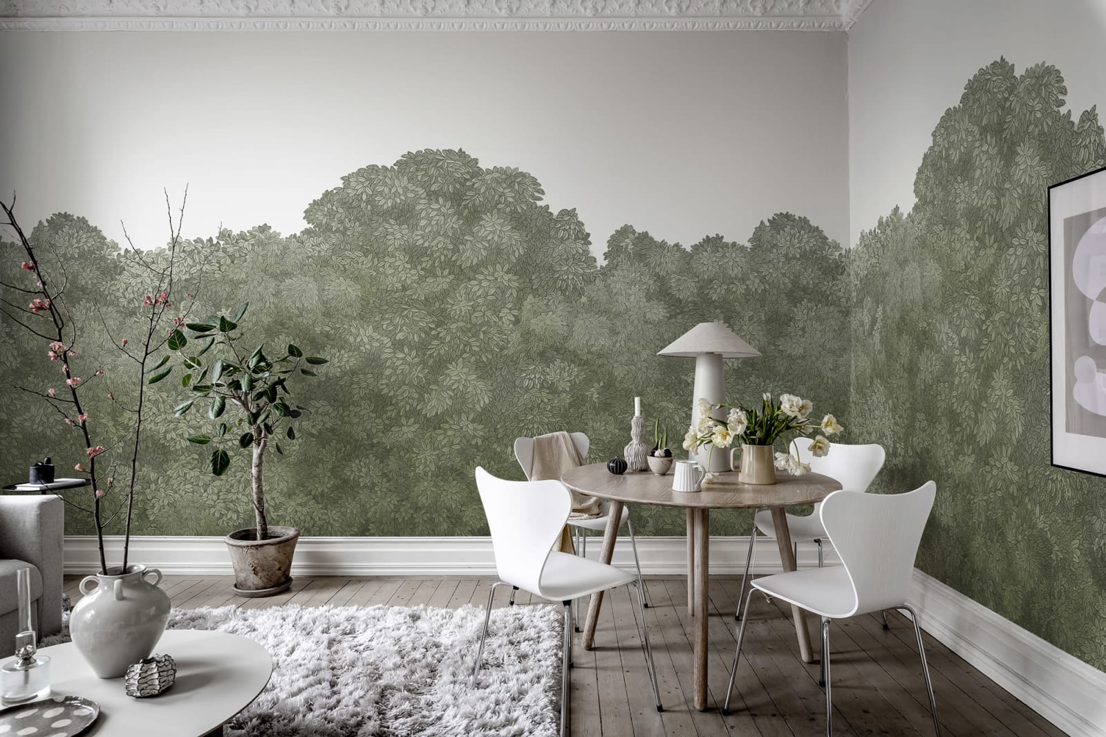 Belle Buisson - Green wall mural by Rebel Walls, styled room