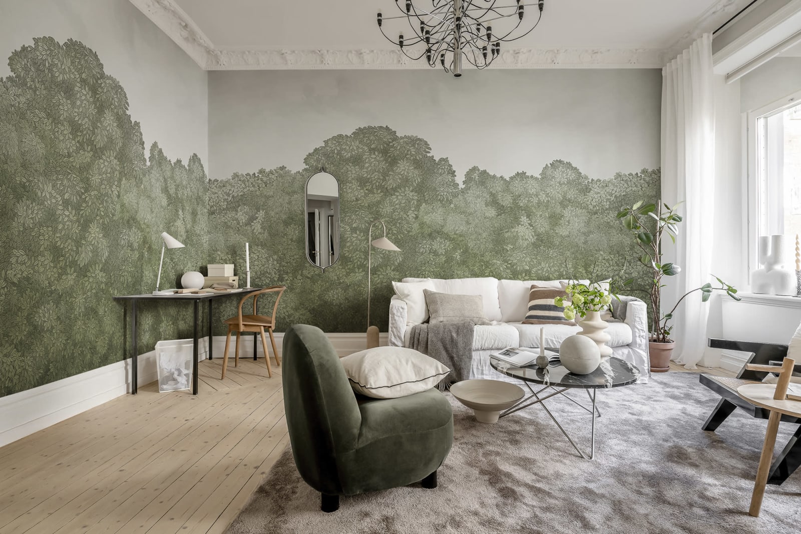 Belle Buisson - Green – Soft Sage wall mural by Rebel Walls, styled room