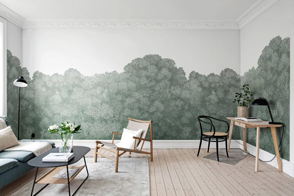 Belle Buisson - Teal wall mural by Rebel Walls, styled room