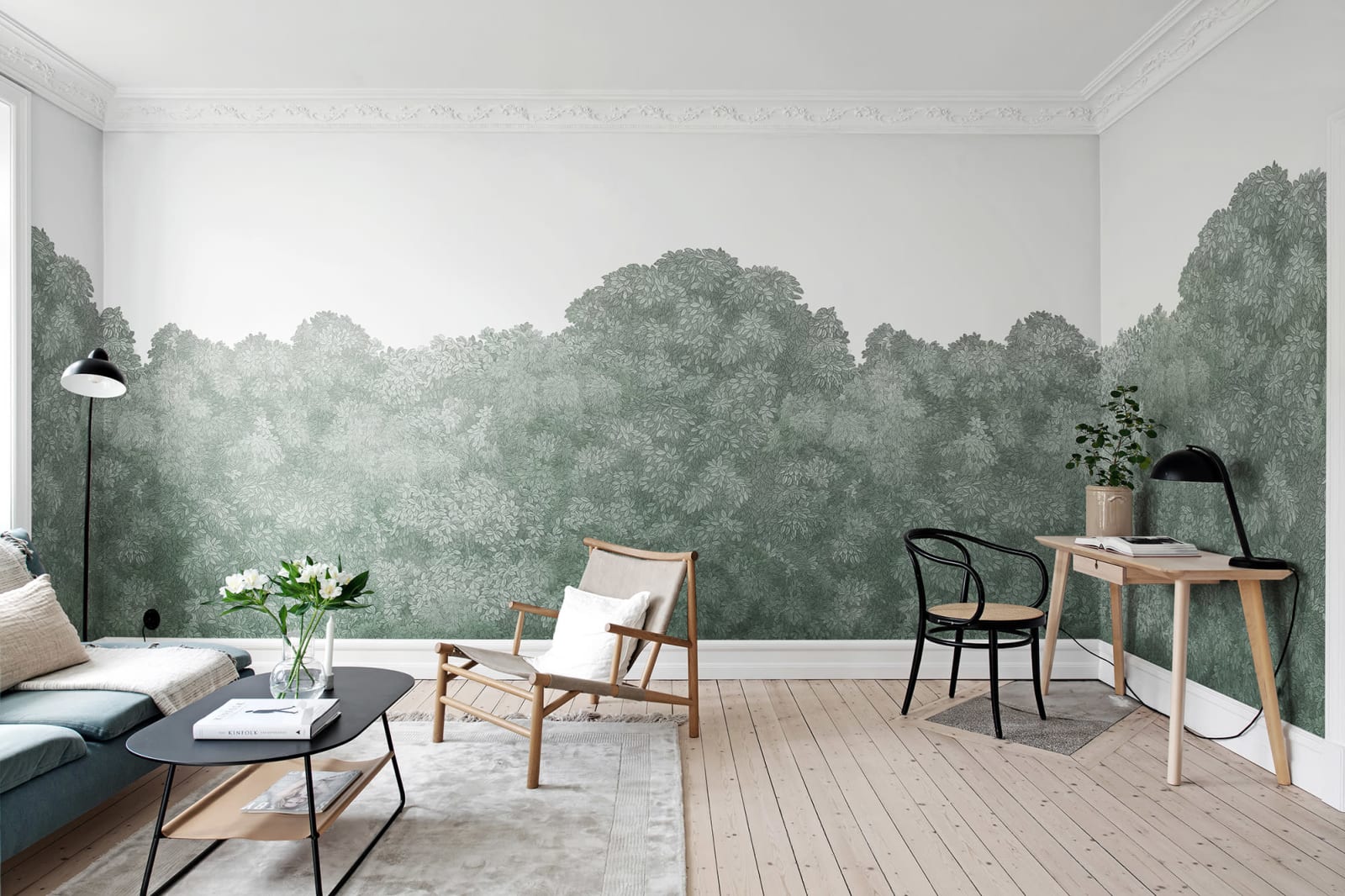 Belle Buisson - Teal wall mural by Rebel Walls, styled room
