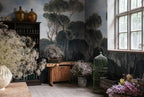 Umbrella Pines - Green wall mural by Rebel Walls, styled room