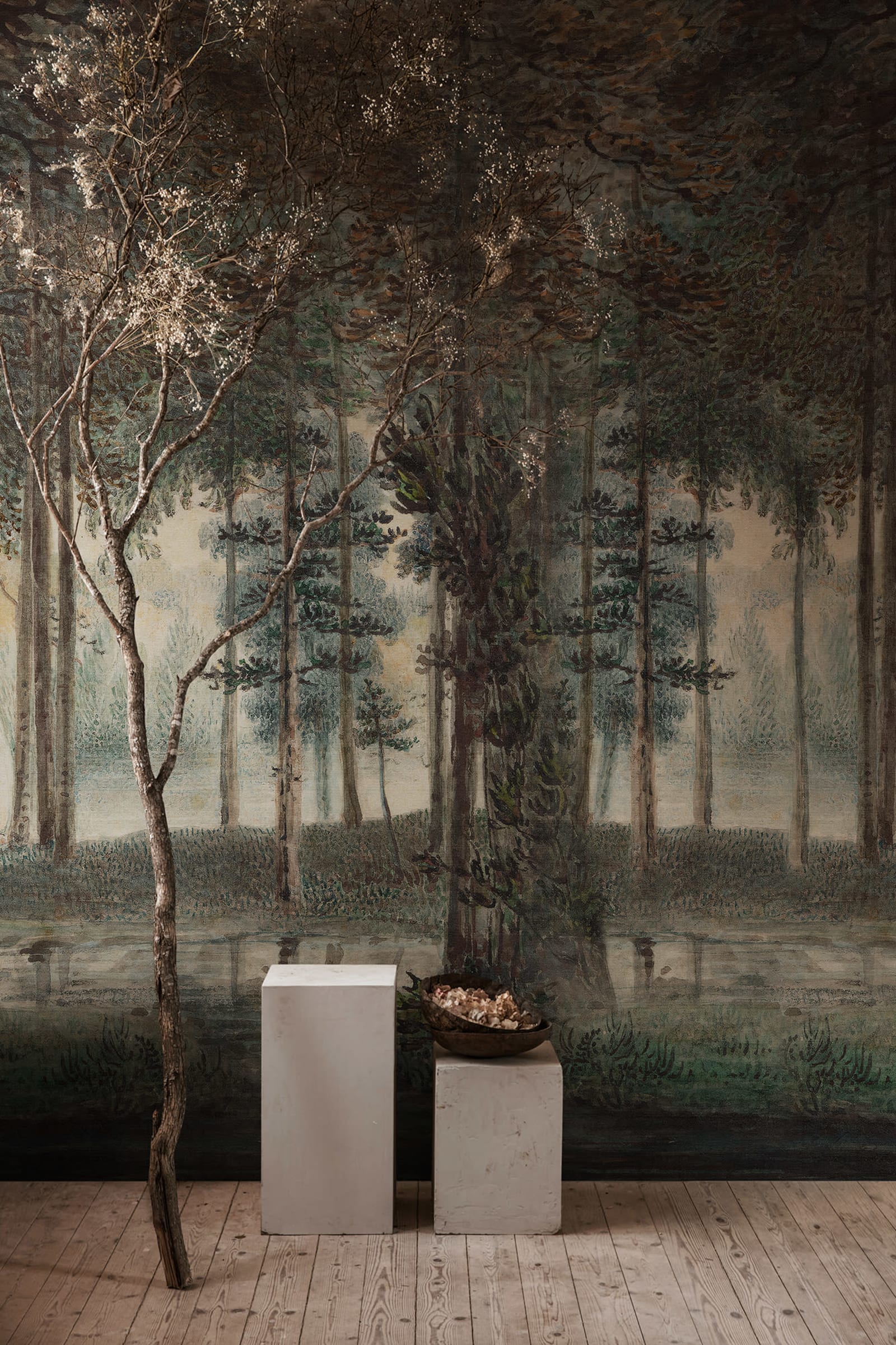 Lovers Forest - Green wall mural by Rebel Walls, styled room