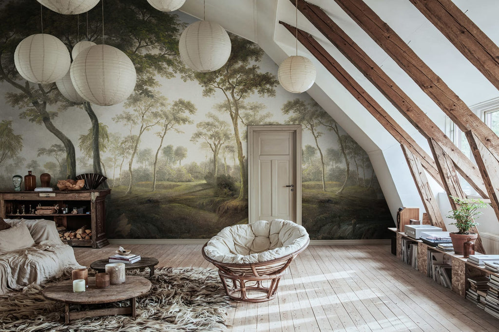 The Green Forest - Green wall mural by Rebel Walls, styled room