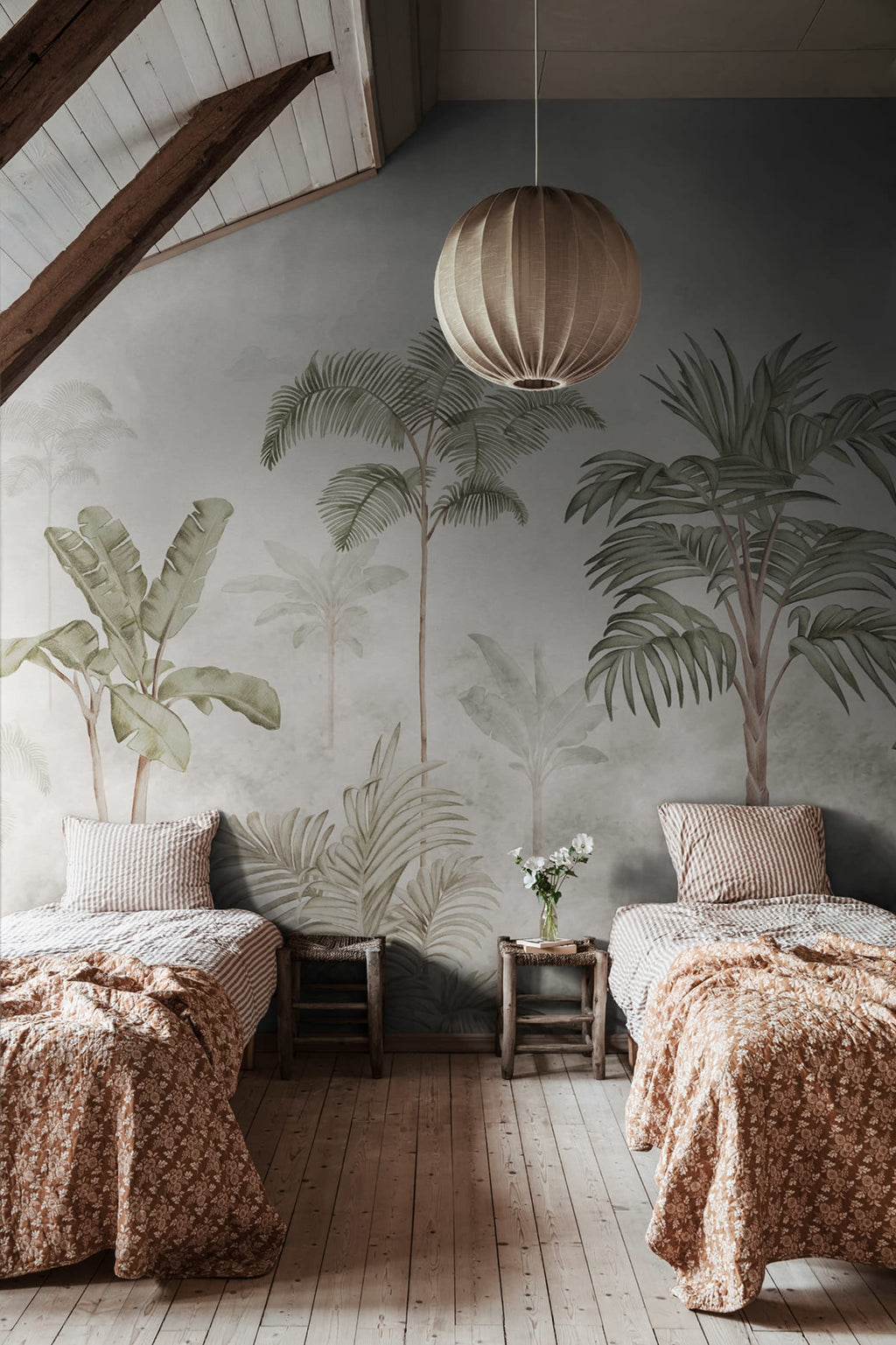 Jungle Horizon - Green – Sage Tone wall mural by Rebel Walls, styled room