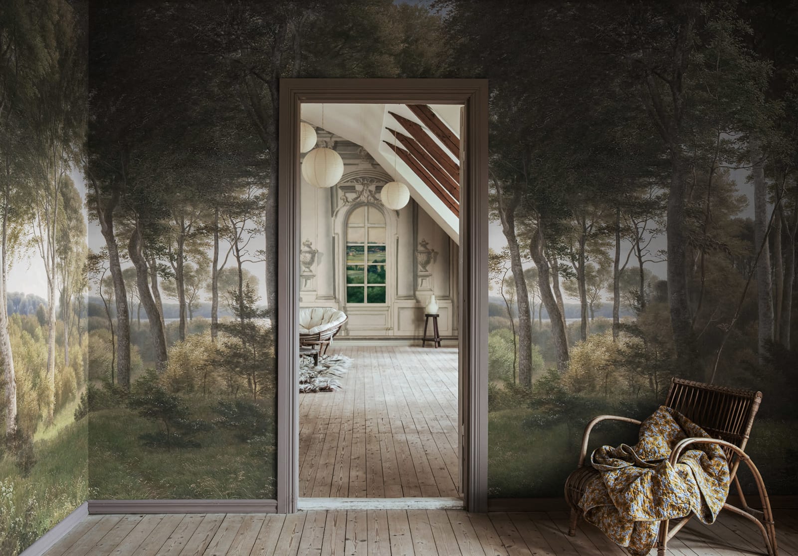 Danish Forest - Green wall mural by Rebel Walls, styled room