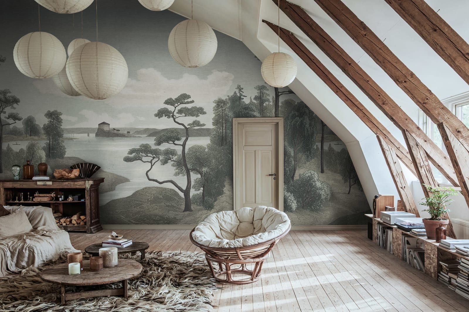 Lake View - Blue wall mural by Rebel Walls, styled room