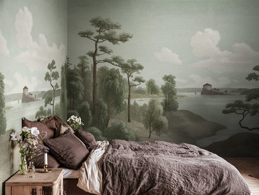 Lake View - Green wall mural by Rebel Walls, styled room