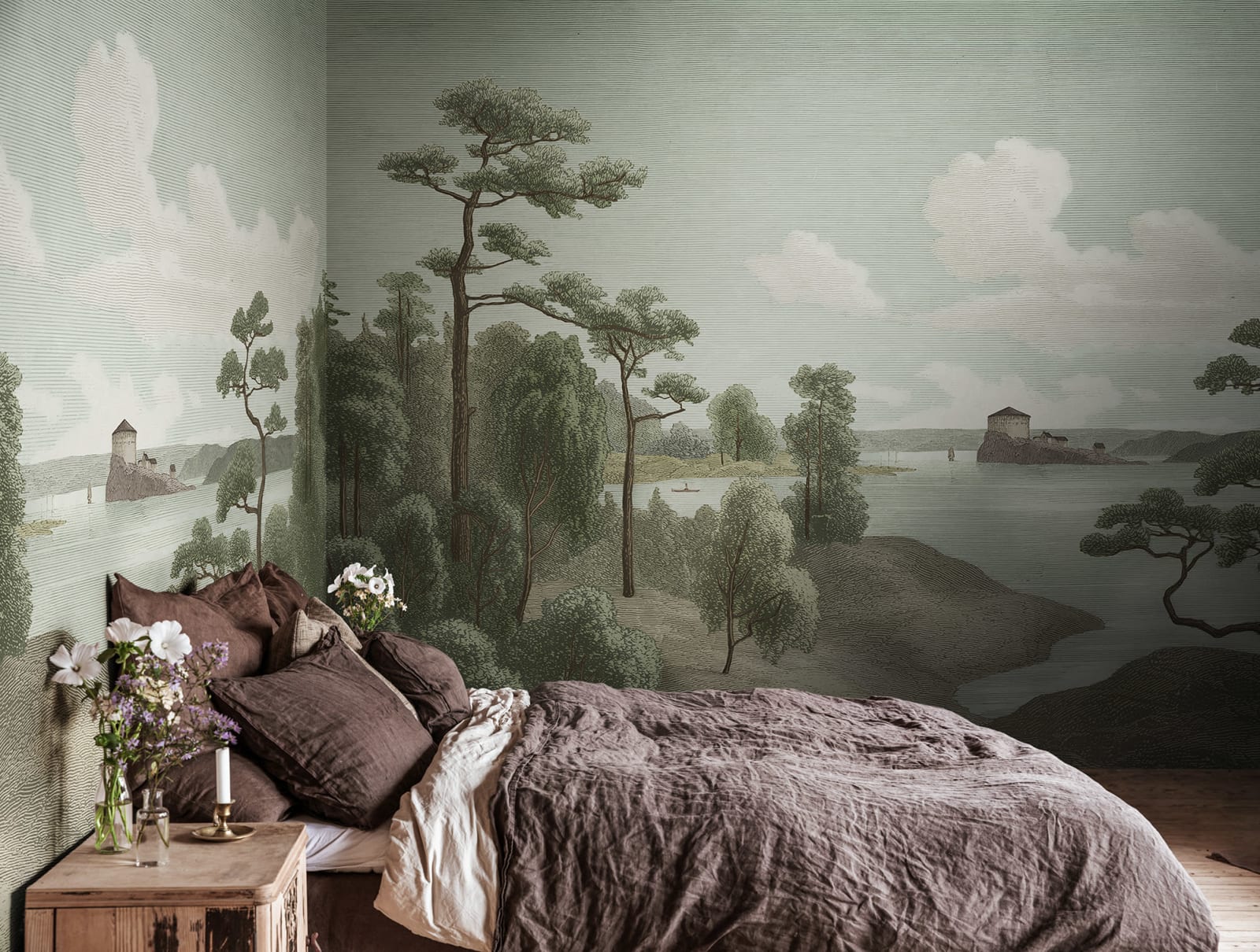 Lake View - Green wall mural by Rebel Walls, styled room