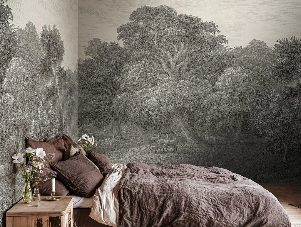 Jungle Forest - Beige wall mural by Rebel Walls, styled room