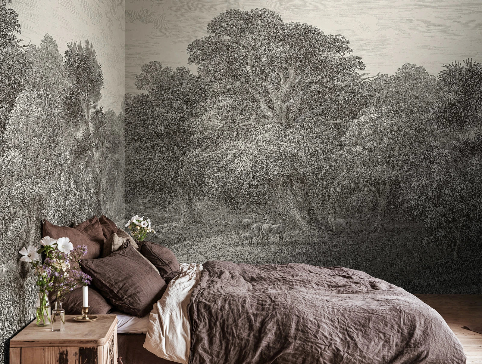 Jungle Forest - Beige wall mural by Rebel Walls, styled room