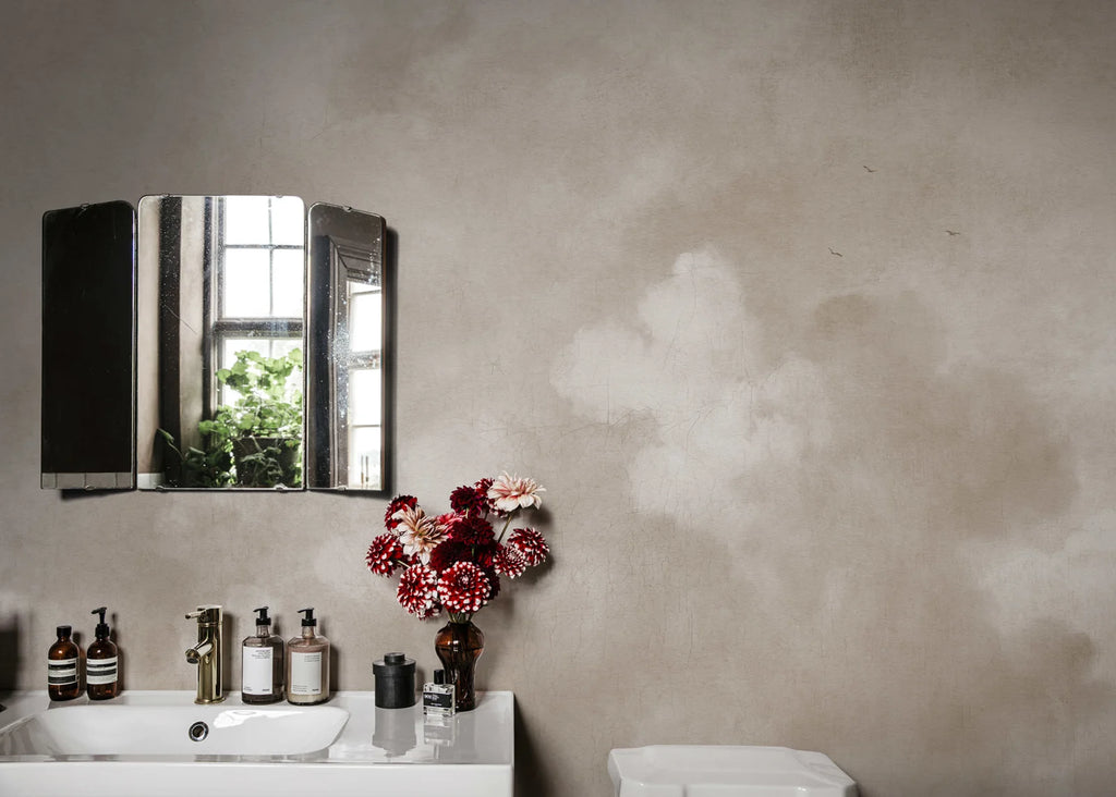 Vintage Clouds - Beige wall mural by Rebel Walls, styled room