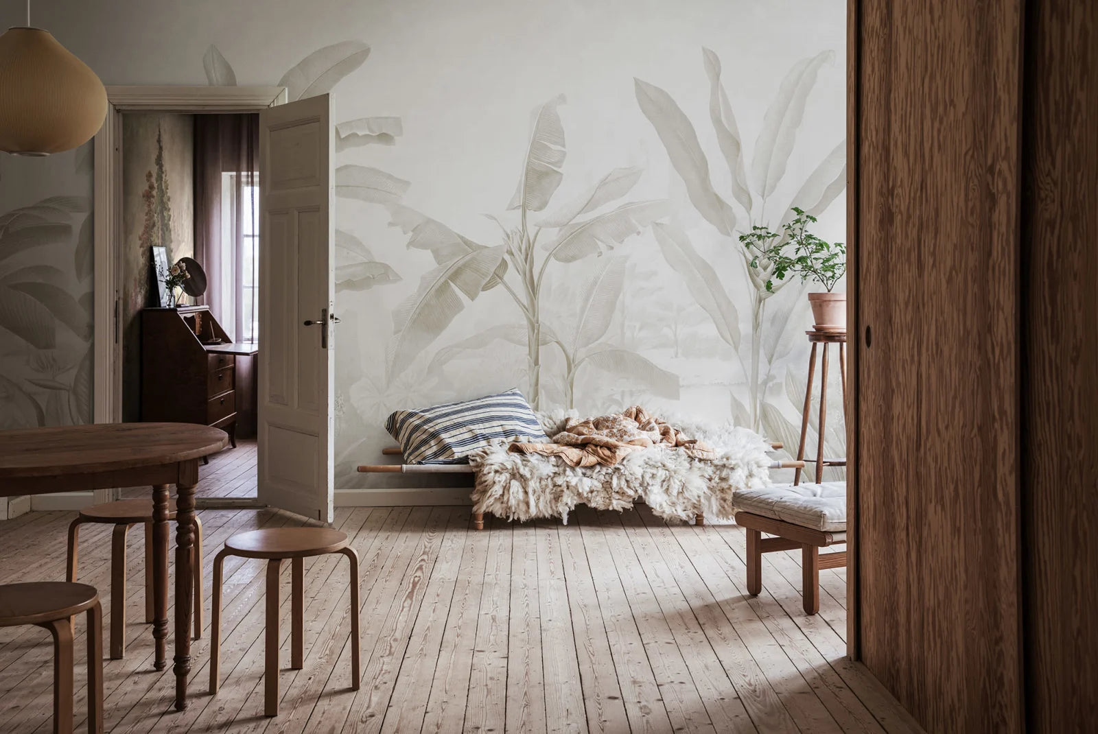 Tropical Palms - Beige wall mural by Rebel Walls, styled room