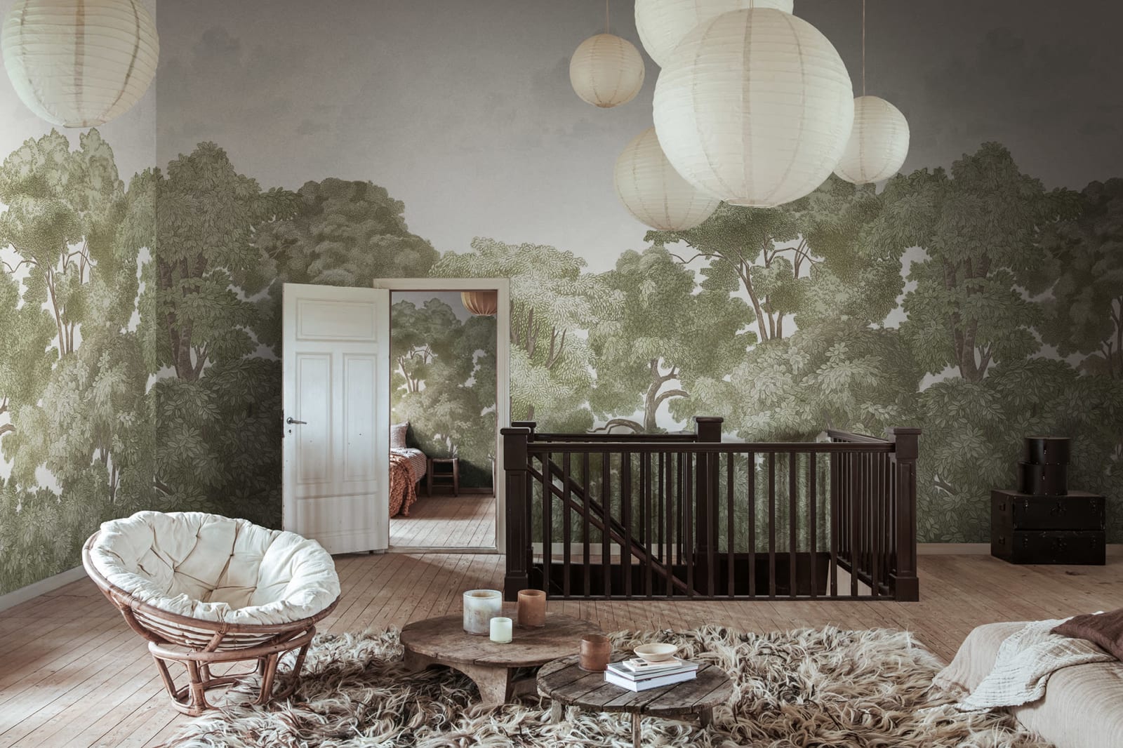 Bellewood Clouds - Green – Warm Tone wall mural by Rebel Walls, styled room