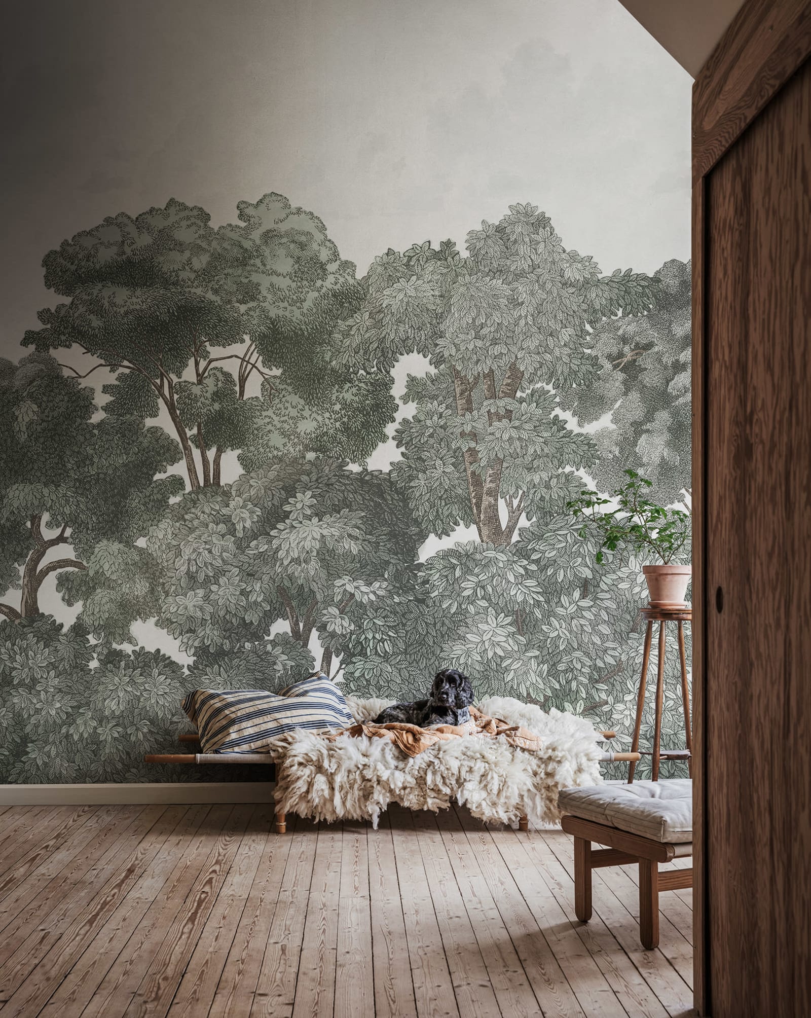 Bellewood Clouds - Green – Cool Tone wall mural by Rebel Walls, styled room