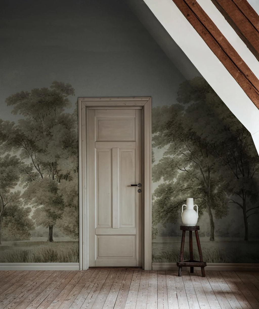 Whispering Forest - Green wall mural by Rebel Walls, styled room