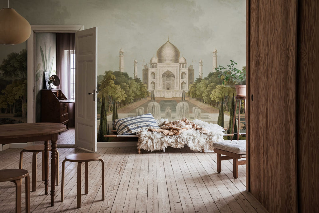 Palace Garden - Green wall mural by Rebel Walls, styled room