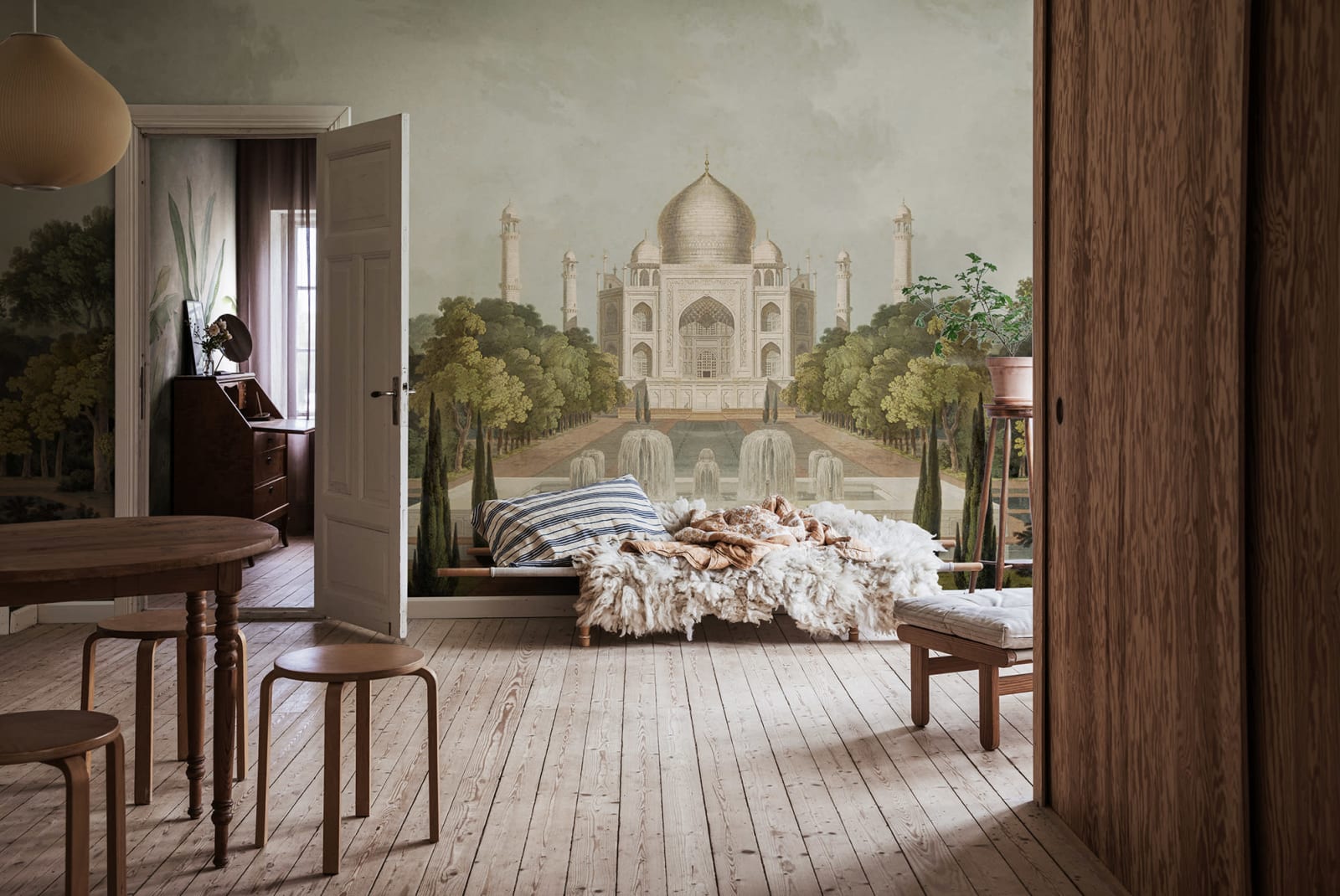 Palace Garden - Green wall mural by Rebel Walls, styled room