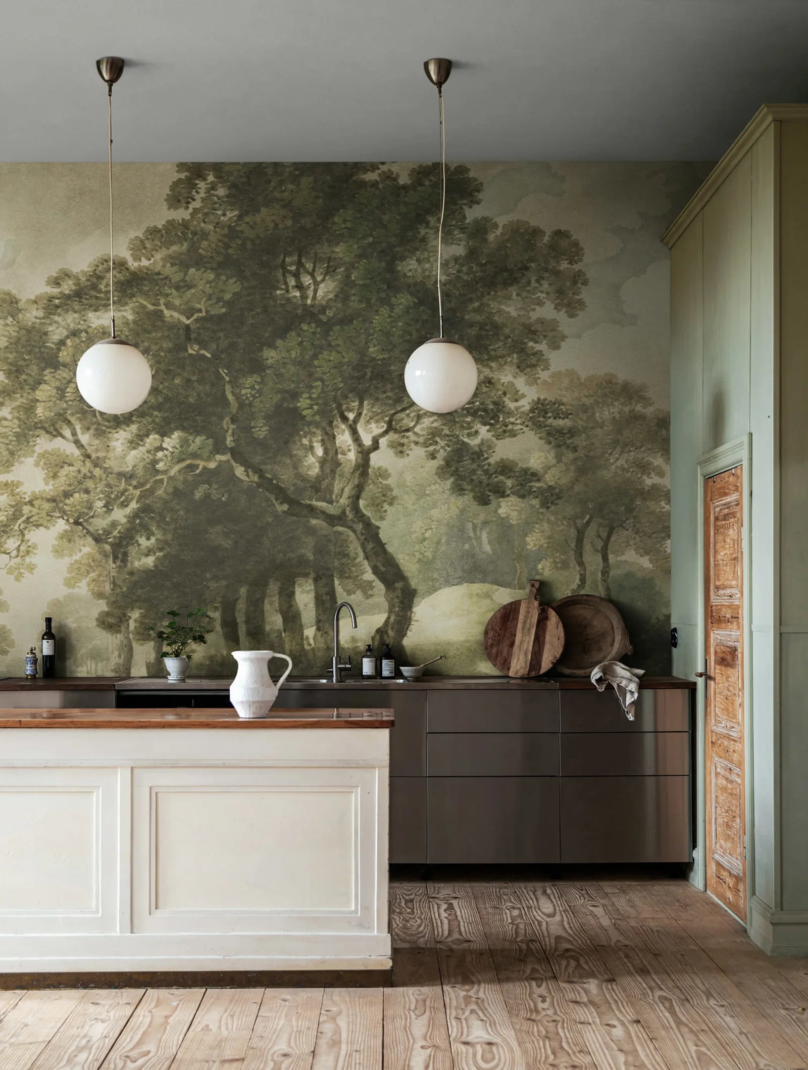 The Vintage Grove - Green wall mural by Rebel Walls, styled room