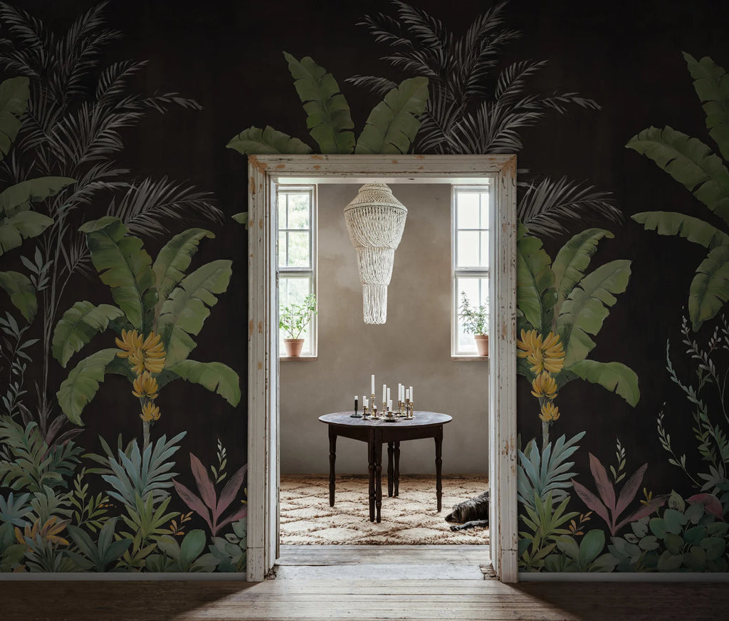 Banana Tree Jungle - Black wall mural by Rebel Walls, styled room