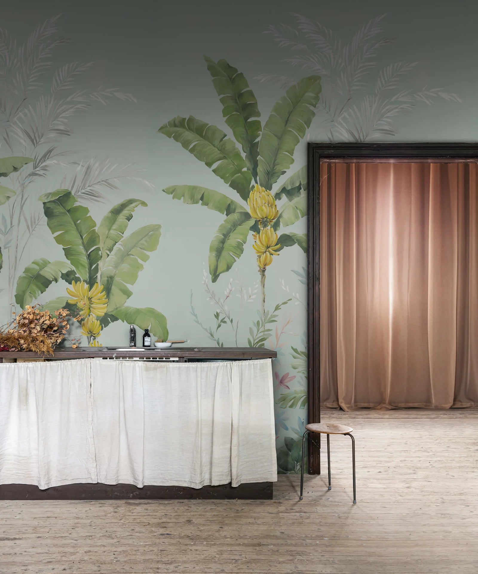 Banana Tree Jungle - Light Blue wall mural by Rebel Walls, styled room