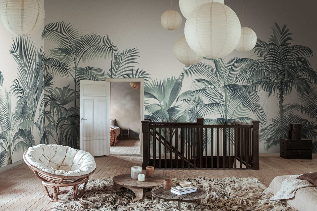 Retro Jungle - Teal wall mural by Rebel Walls, styled room