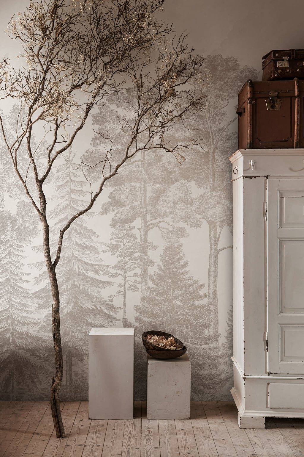 Scandinavian Bellewood wall mural by Rebel Walls in Beige, styled room