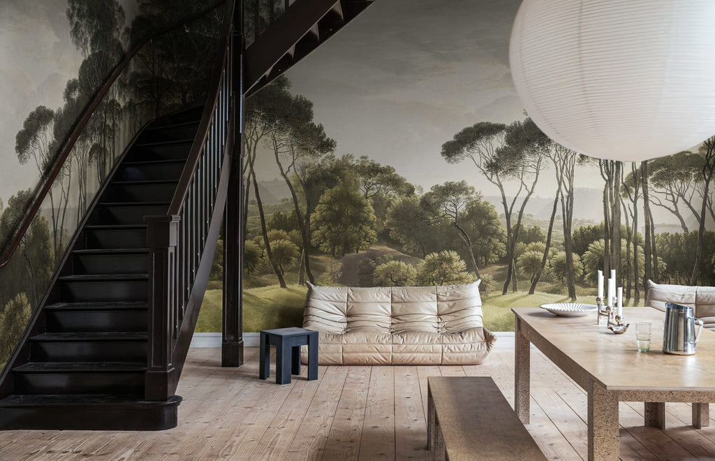 Pine Wood - Green wall mural by Rebel Walls, styled room